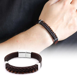 Straw Design Kuka Men's Combined Steel And Leather Bracelet With Embroidery İn Brown - Thumbnail