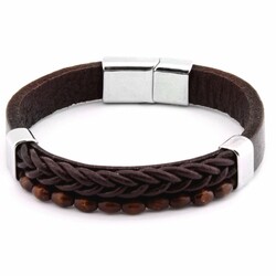 Straw Design Kuka Men's Combined Steel And Leather Bracelet With Embroidery İn Brown - Thumbnail