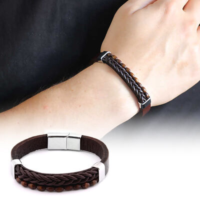 Straw Design Kuka Men's Combined Steel And Leather Bracelet With Embroidery İn Brown - 1