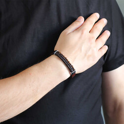 Straw Design Kuka Men's Combined Steel And Leather Bracelet With Embroidery İn Brown - 2