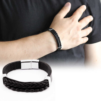 Straw Design Men's Kuka Combination Steel And Leather Embroidered Bracelet İn Black