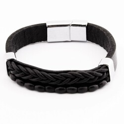 Straw Design Men's Kuka Combination Steel And Leather Embroidered Bracelet İn Black - Thumbnail