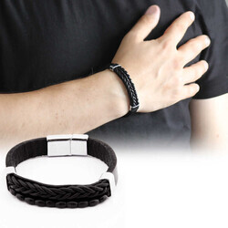 Straw Design Men's Kuka Combination Steel And Leather Embroidered Bracelet İn Black - Thumbnail