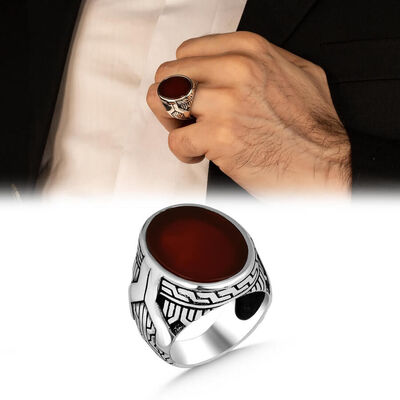 Symmetrical Design Burgundy Red Agate Silver Men's Ring With Stone - 1