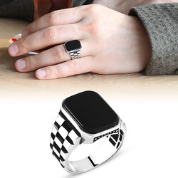 Symmetrical Pattern 925 Sterling Silver Mens Ring Embroidered İn Black Onyx - Thumbnail
