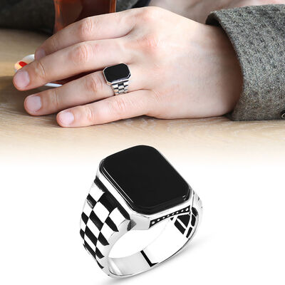 Symmetrical Pattern 925 Sterling Silver Mens Ring Embroidered İn Black Onyx