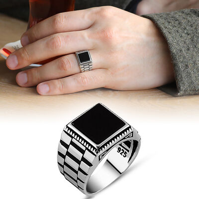 Symmetrical Patterned Black Onyx 925 Sterling Silver Mens Ring - 1