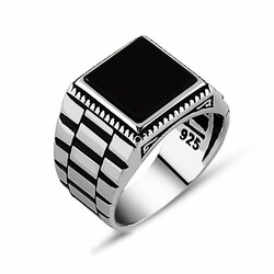 Symmetrical Patterned Black Onyx 925 Sterling Silver Mens Ring - 2