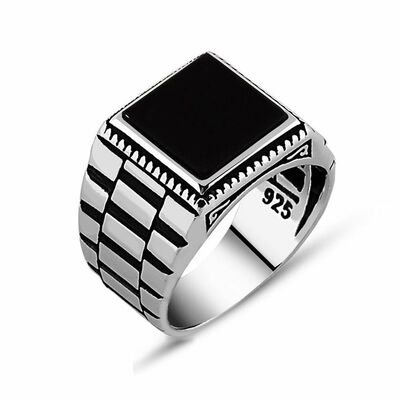 Symmetrical Patterned Black Onyx 925 Sterling Silver Mens Ring