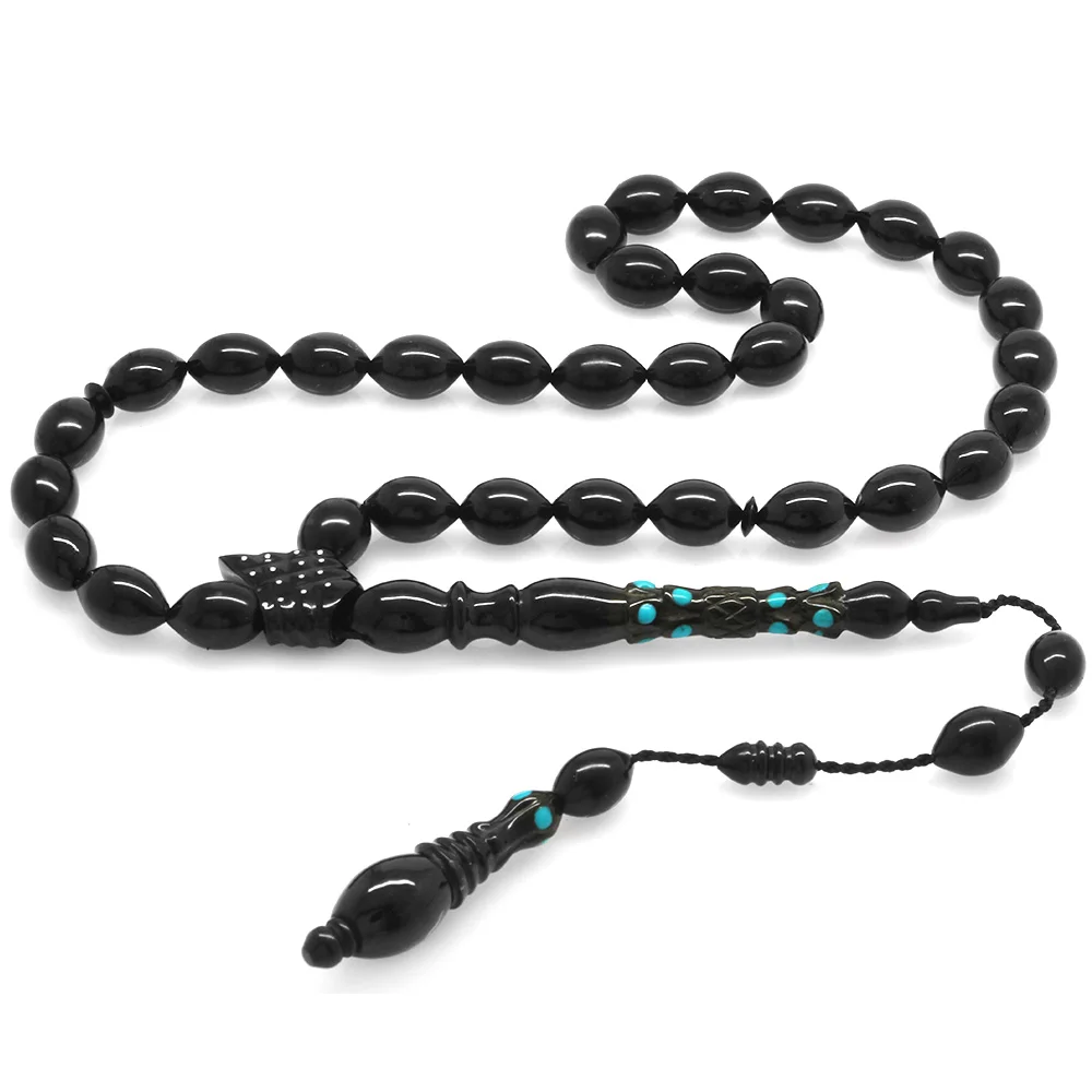 System Silver-Turquoise Embroidered Barley Cut Erzurum Oltu Stone Rosary - 1