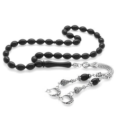 Tarnish Metal Ayyildiz Tasseled Barley Cut Black Tightened Amber Tasbih - 2