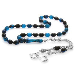 Tarnish Metal Ayyildiz Tasseled Barley Cut Blue-Black Tightened Amber Tasbih - 2