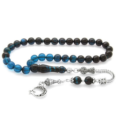 Tarnish Metal Ayyildiz Tasseled Cut Filtered Turquoise Black Fire Amber Tasbih - 2