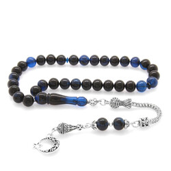 Tarnish Metal Ayyildiz Tasseled Globe Cut Blue-Black Amber Rosary - 2
