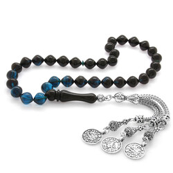 Tarnish Metal Ayyildiz Tasseled Istanbul Cut Filtered Turquoise-Black Fiery Amber Rosary - 2