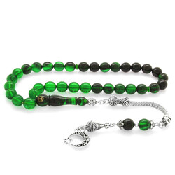 Tarnish Metal Ayyildiz Tasseled Sphere Green-Black Fiery Amber Tasbih - 2