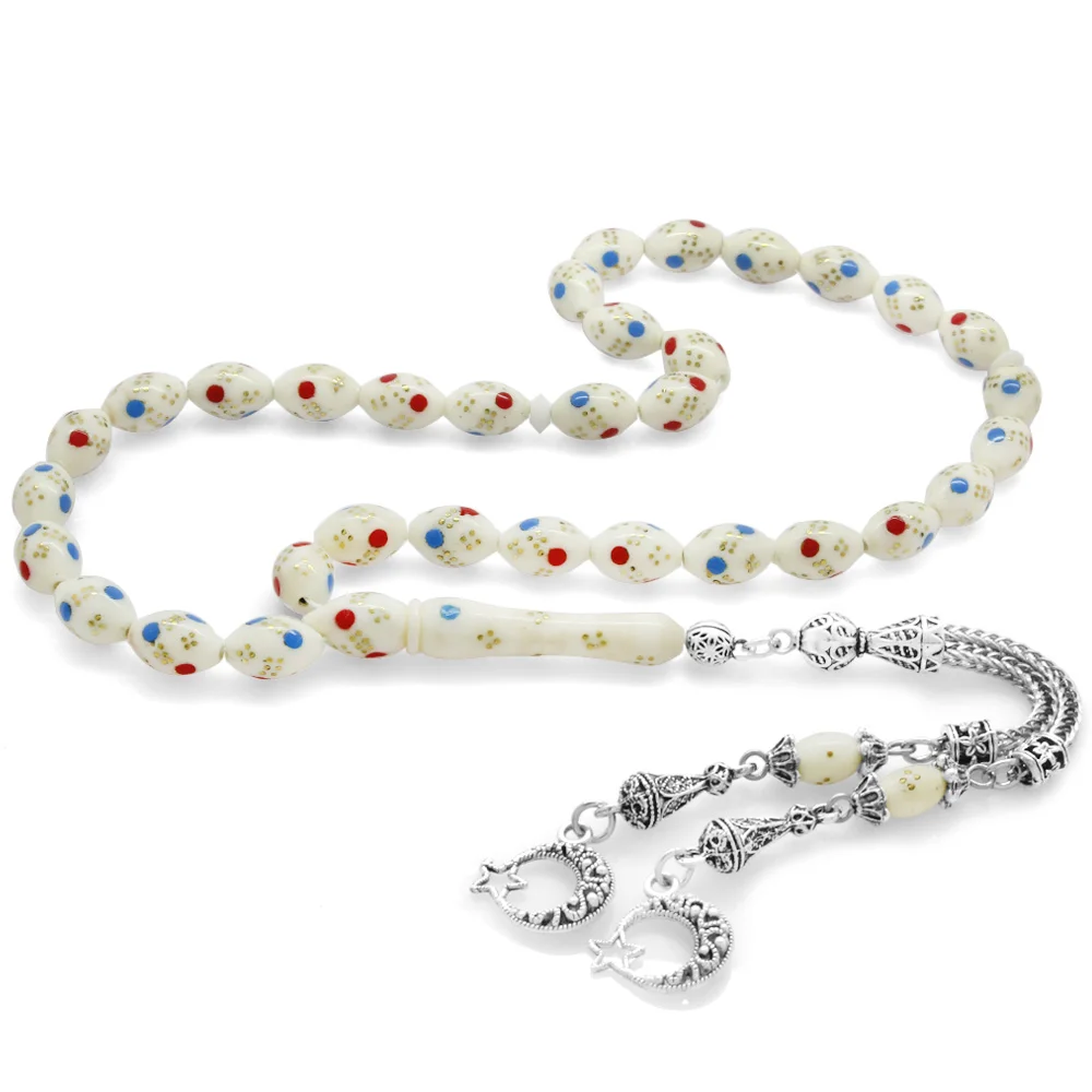 Tarnish Metal Tasseled Barley Cut Blue-Red Enamel Camel Bone Rosary - 1