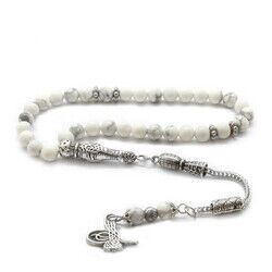 Tarnish Metal Tughra Tasseled Globe Cut Natural Stone Tasbih Towel - 2