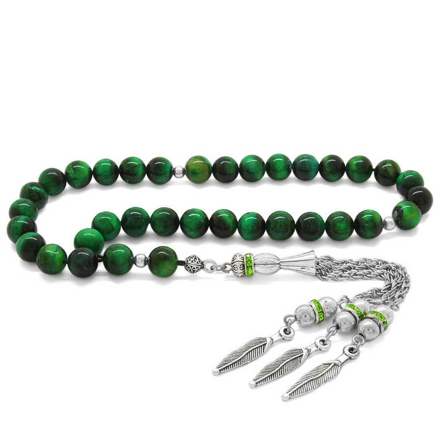 Tarnished Metal Sheet With Tassels And A Cut Sphere Green Tiger's Eye Natural Tasbih Stone