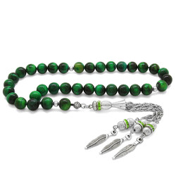 Tarnished Metal Sheet With Tassels And A Cut Sphere Green Tiger's Eye Natural Tasbih Stone - Thumbnail
