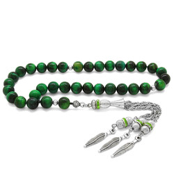 Tarnished Metal Sheet With Tassels And A Cut Sphere Green Tiger's Eye Natural Tasbih Stone - 1