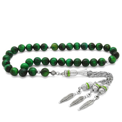 Tarnished Metal Sheet With Tassels And A Cut Sphere Green Tiger's Eye Natural Tasbih Stone - 1