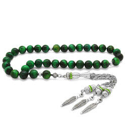 Tarnished Metal Sheet With Tassels And A Cut Sphere Green Tiger's Eye Natural Tasbih Stone - 2