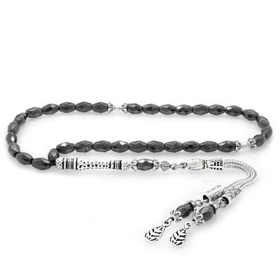 Tarnishing Metal Brushed Barley Cut Faceted Hematite Natural Tasbih Stone - 1