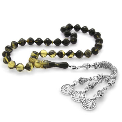 Tarnishing Metal Mecidiye Tasseled Istanbul Cut Filtered White-Black Fire Amber Tasbih - 2