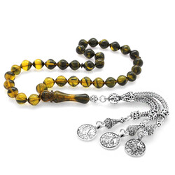 Tarnishing Metal Mecidiye Tasseled Istanbul Cut Filtered Yellow-Black Fire Amber Rosary - 2