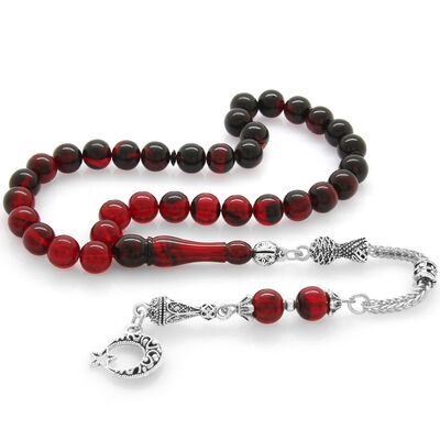 Tarnishing Of Metal Ayyildiz Tasseled Cut Sphere Filtered Red-Black Fire Amber Tasbih - 2