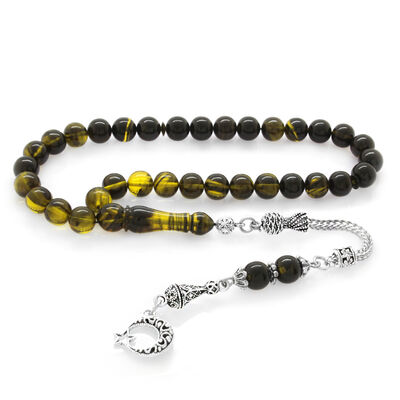 Tarnishing Of Metal Ayyildiz Tasseled Cut Sphere Yellow-Black Fiery Amber Tasbih - 2