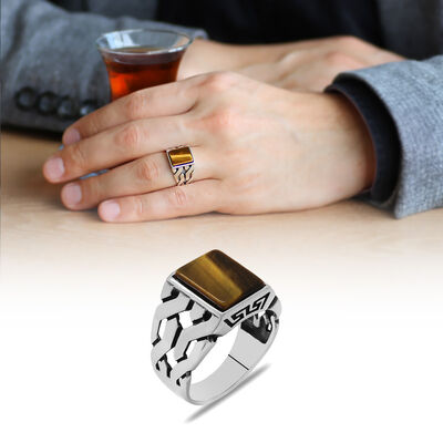 Tiger Eye Stone 925 Sterling Silver Mens Ring With Chain - 1