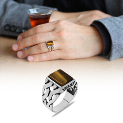 Tiger Eye Stone 925 Sterling Silver Mens Ring With Chain - Thumbnail