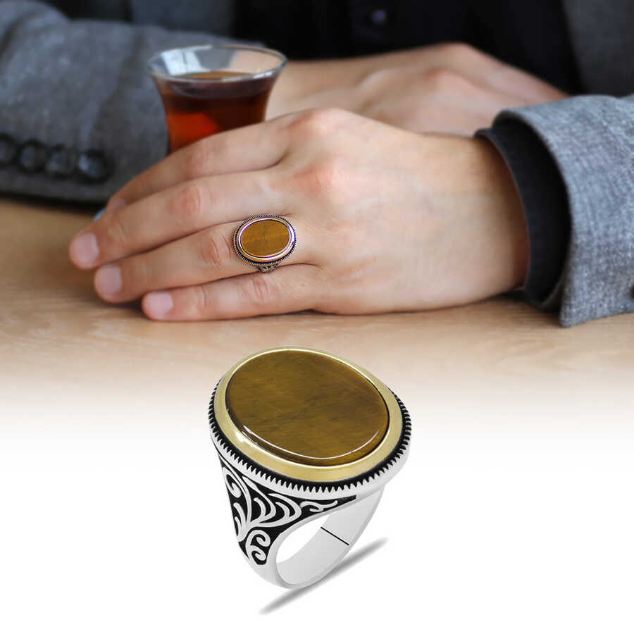 Tiger Eye Stone 925 Sterling Silver Mens Ring With Minimal Design