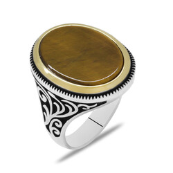 Tiger Eye Stone 925 Sterling Silver Mens Ring With Minimal Design - Thumbnail