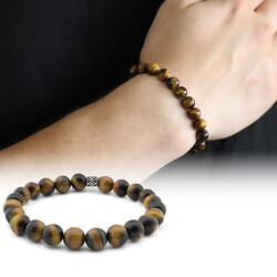 Tiger's Eye 925 Sterling Silver Bracelet With Diamond Pattern And Spherical Cut - 1