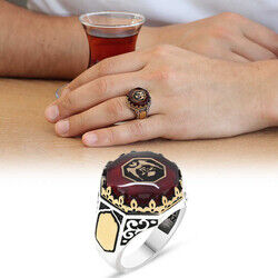 Tughra Patterned Amber Stone 925 Sterling Silver Mens Ring (M-1)