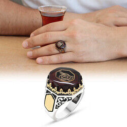 Tughra Patterned Amber Stone 925 Sterling Silver Mens Ring (M-1)