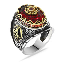Tugra 925 Sterling Silver Sculpted Cut Red Zirconia Mens Ring - Thumbnail