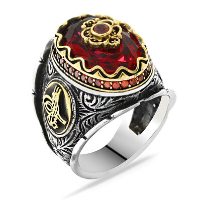 Tugra 925 Sterling Silver Sculpted Cut Red Zirconia Mens Ring