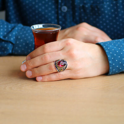 خاتم رجالي من الفضة الإسترليني عيار 925 بتصميم منحوت من الزركونيا الأحمر - 2