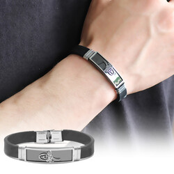 Tugra Design Black Leather And Steel Combination Bracelet For Men - 1