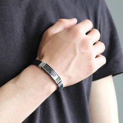 Tugra Design Black Leather And Steel Combination Bracelet For Men - 2