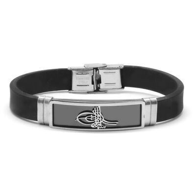 Tugra Design Black Leather And Steel Combination Bracelet For Men - 3