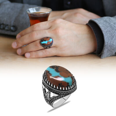 Tugra Design Natural Arizona Turquoise Stone 925 Sterling Silver Mens Ring - 1