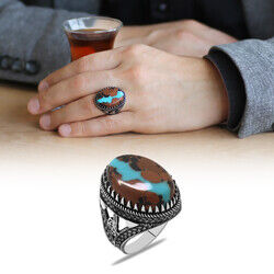 Tugra Design Natural Arizona Turquoise Stone 925 Sterling Silver Mens Ring - 5