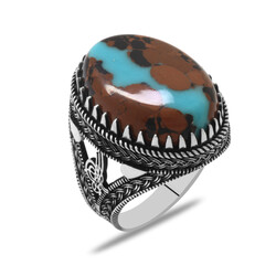 Tugra Design Natural Arizona Turquoise Stone 925 Sterling Silver Mens Ring - Thumbnail