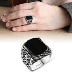 Tugra Engraved 925 Sterling Silver Mens Ring With Square Onyx - 1
