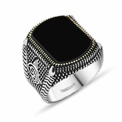 Tugra Engraved 925 Sterling Silver Mens Ring With Square Onyx - 2